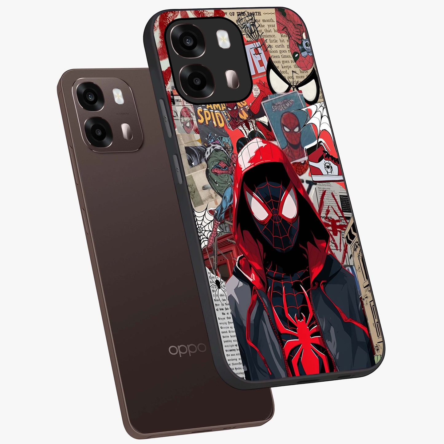 Spider Collage Street Glass Case displayed in angled mockup highlighting dynamic street style collage design with comic aesthetic.
