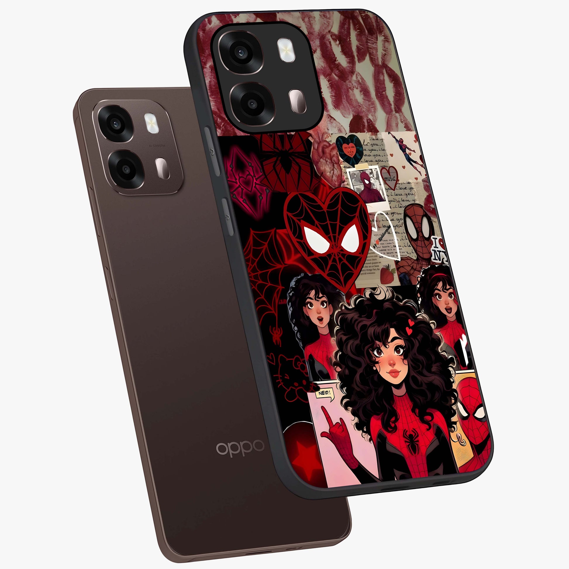Spider Love Story Glass Case displayed in angled mockup highlighting expressive comic inspired design with playful aesthetic.