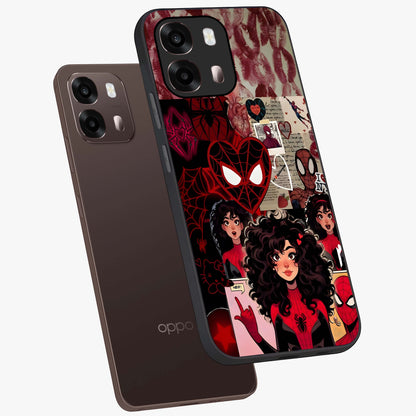 Spider Love Story Glass Case displayed in angled mockup highlighting expressive comic inspired design with playful aesthetic.