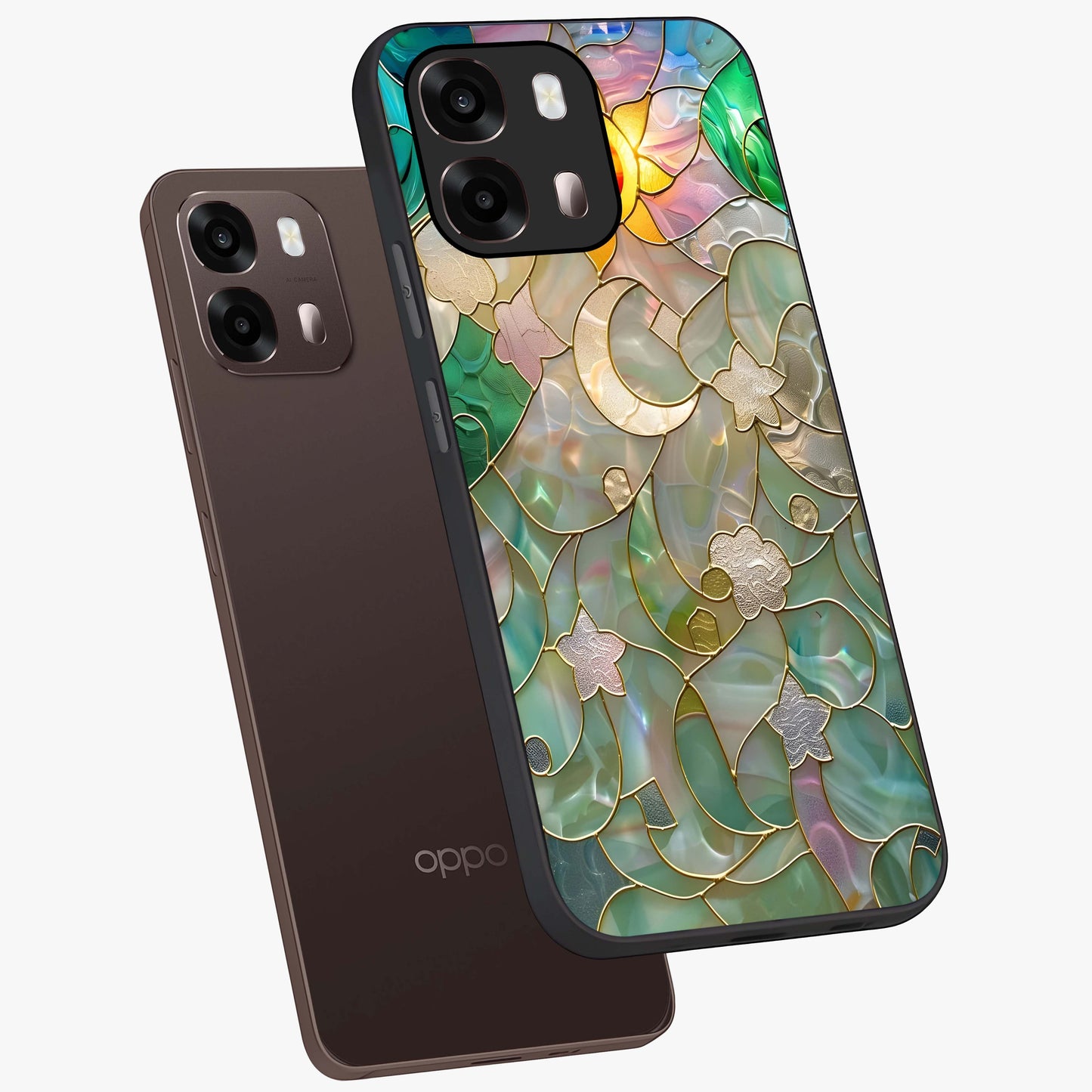 Stained Sunrise Glow Glass Case displayed in angled mockup highlighting radiant sunrise design with artistic aesthetic style.