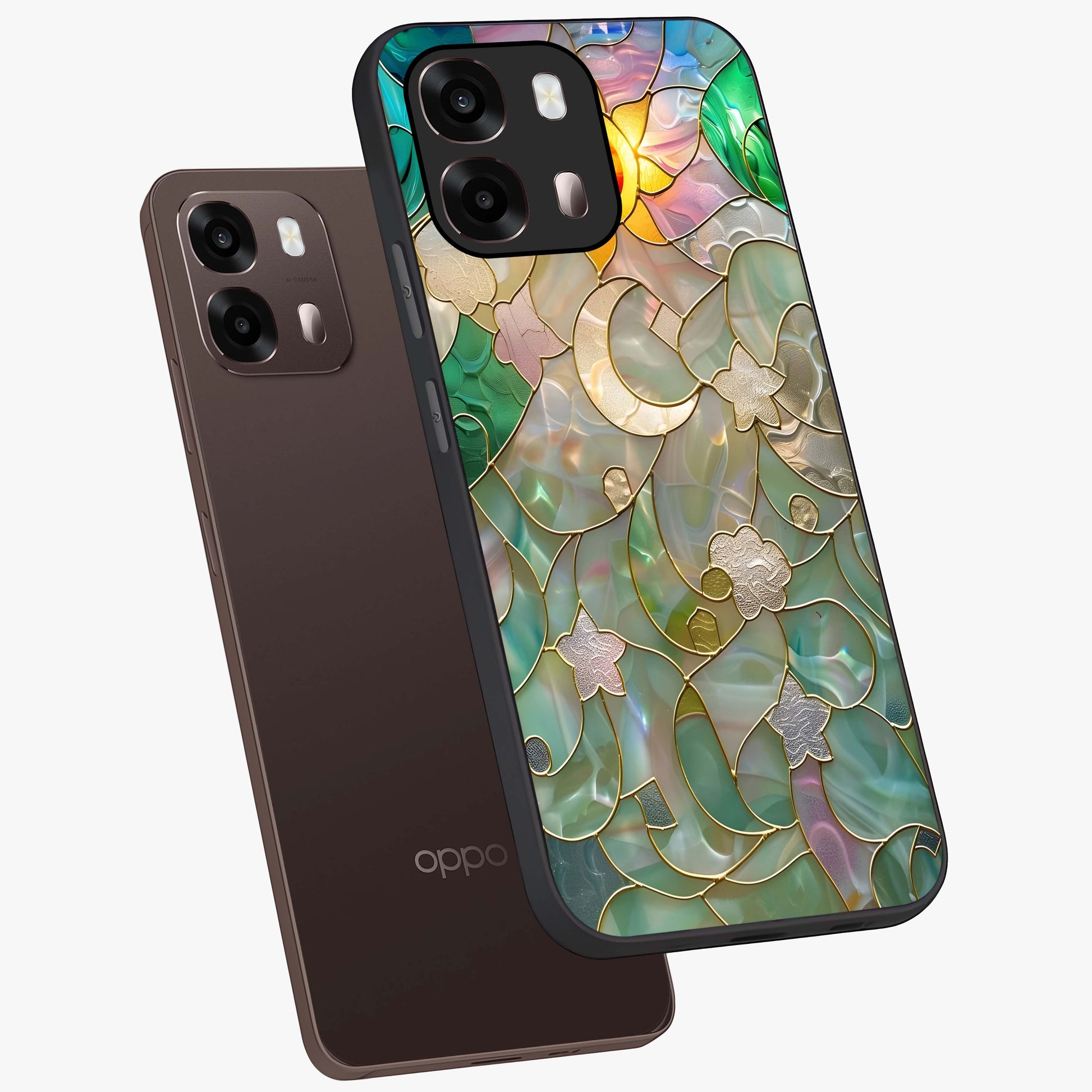 Stained Sunrise Glow Glass Case displayed in angled mockup highlighting radiant sunrise design with artistic aesthetic style.
