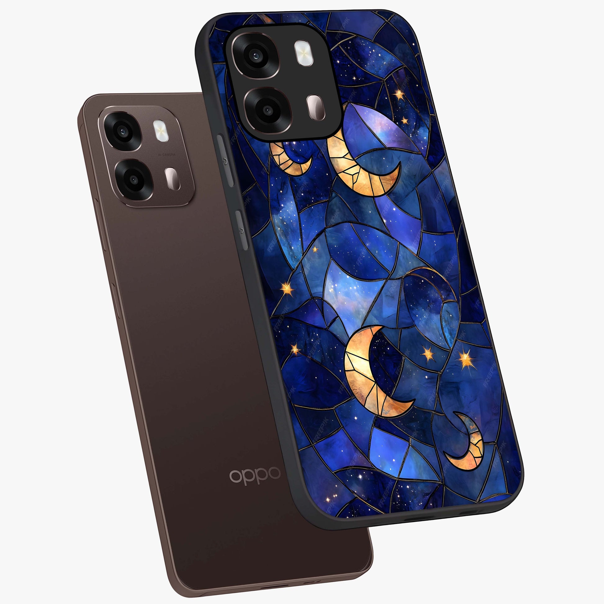 Starlit Sky Tapestry Glass Case displayed in angled mockup highlighting celestial night pattern with artistic aesthetic style.