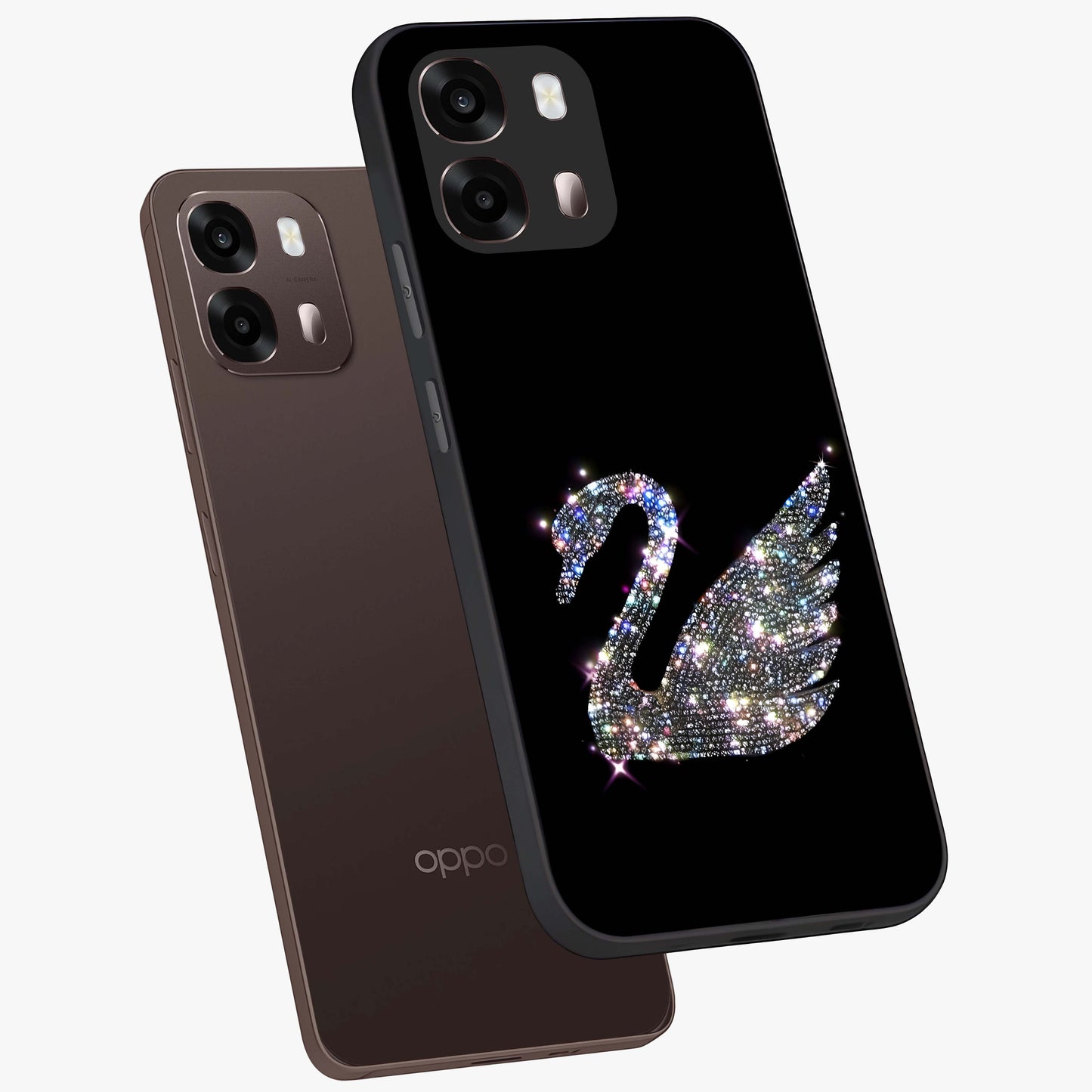 Starlit Swan Grace Glass Case displayed in angled mockup highlighting elegant swan illustration with dreamy celestial aesthetic.