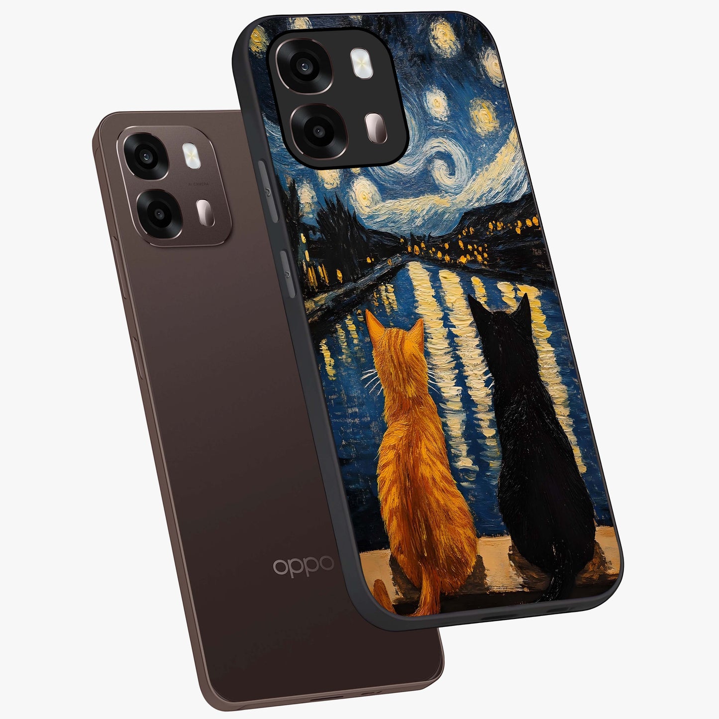 Starry River Cats Glass Case displayed in angled mockup highlighting charming feline illustration with dreamy night aesthetic.