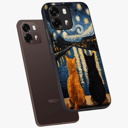 Starry River Cats Glass Case displayed in angled mockup highlighting charming feline illustration with dreamy night aesthetic.