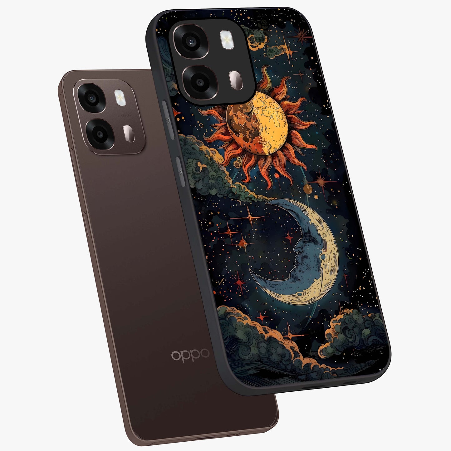 Sun And Moon Magic Design Glass Case displayed in angled mockup highlighting celestial design with magical cosmic aesthetic.