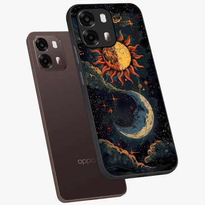 Sun And Moon Magic Design Glass Case displayed in angled mockup highlighting celestial design with magical cosmic aesthetic.