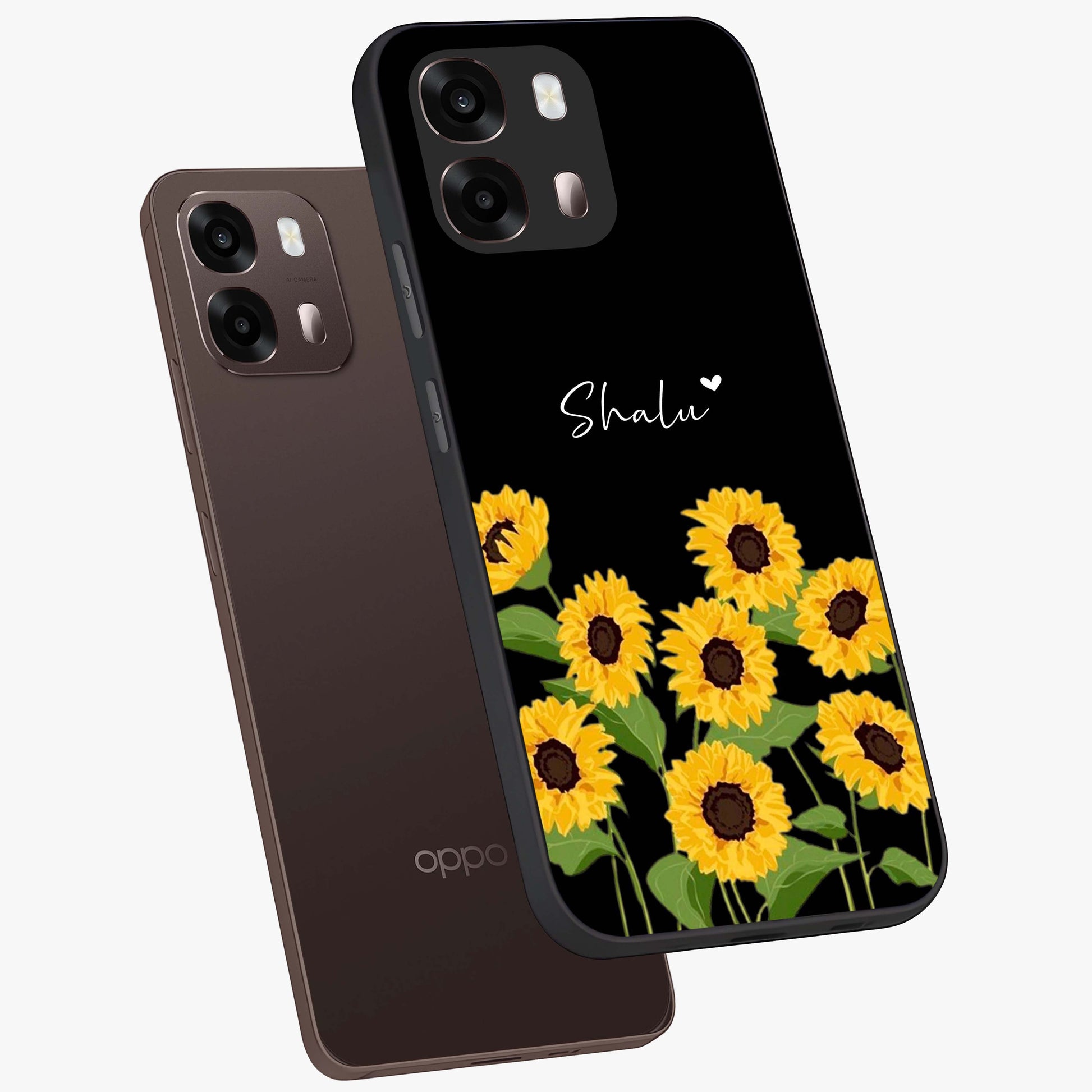 Sunflower Chic Mood Custom Name Glass Case displayed in angled mockup highlighting vibrant sunflower design with custom name feature.