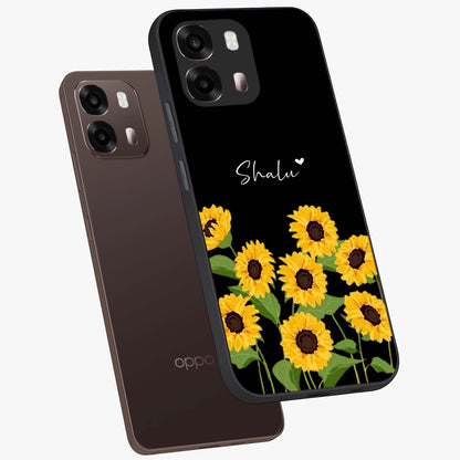Sunflower Chic Mood Custom Name Glass Case displayed in angled mockup highlighting vibrant sunflower design with custom name feature.