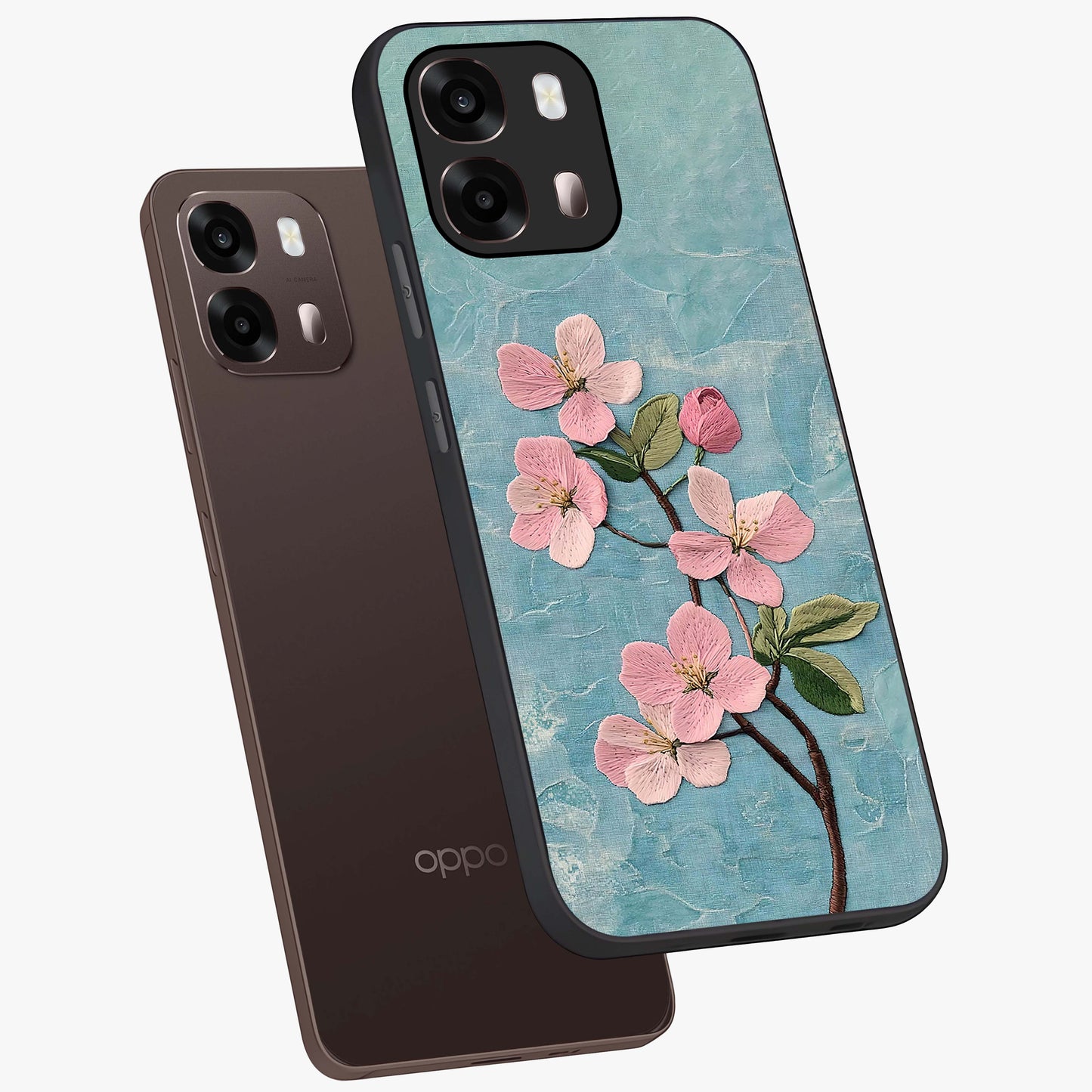 Threaded Blossom Breeze Glass Case displayed in angled mockup highlighting elegant floral design with soft aesthetic style.