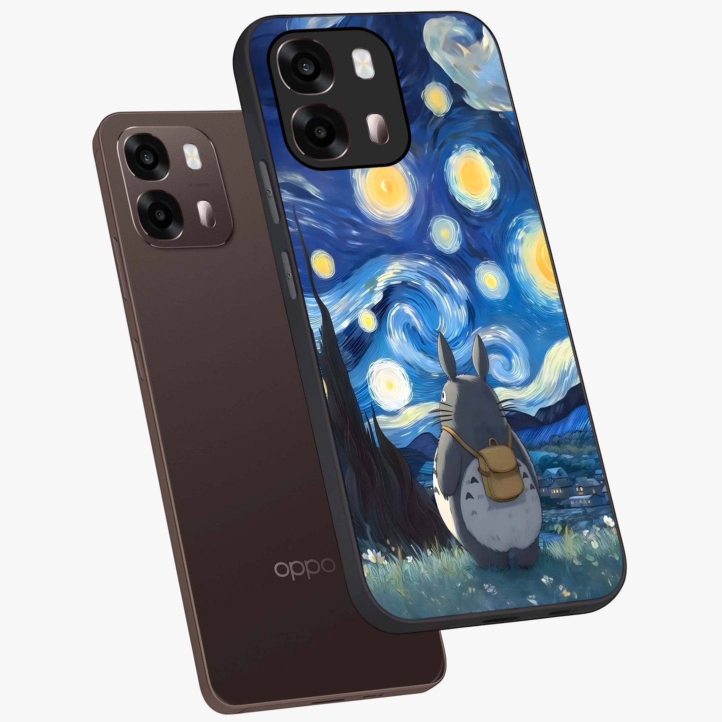 Totoro In Van Gogh Art Glass Case displayed in angled mockup highlighting artistic swirling sky design with playful animation aesthetic.