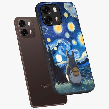 Totoro In Van Gogh Art Glass Case displayed in angled mockup highlighting artistic swirling sky design with playful animation aesthetic.
