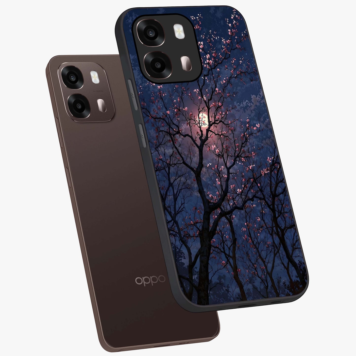 Twilight Sakura Serenade Glass Case displayed in angled mockup highlighting delicate sakura flower design with dreamy aesthetic.