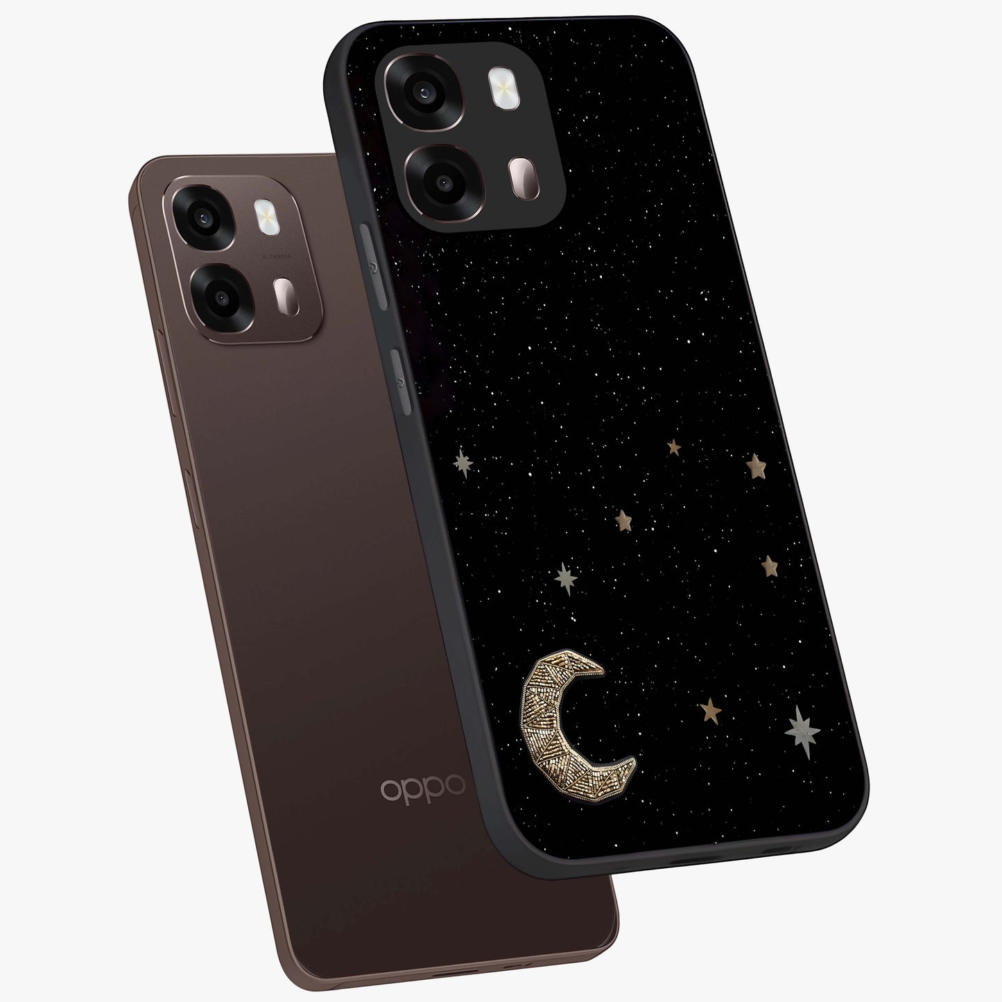 Twinkle Star With Half Moon Glass Case displayed in angled mockup highlighting celestial moon and star design with magical aesthetic.