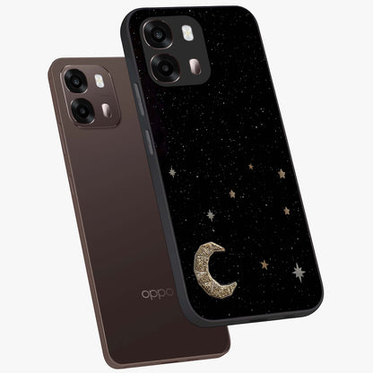 Twinkle Star With Half Moon Glass Case displayed in angled mockup highlighting celestial moon and star design with magical aesthetic.