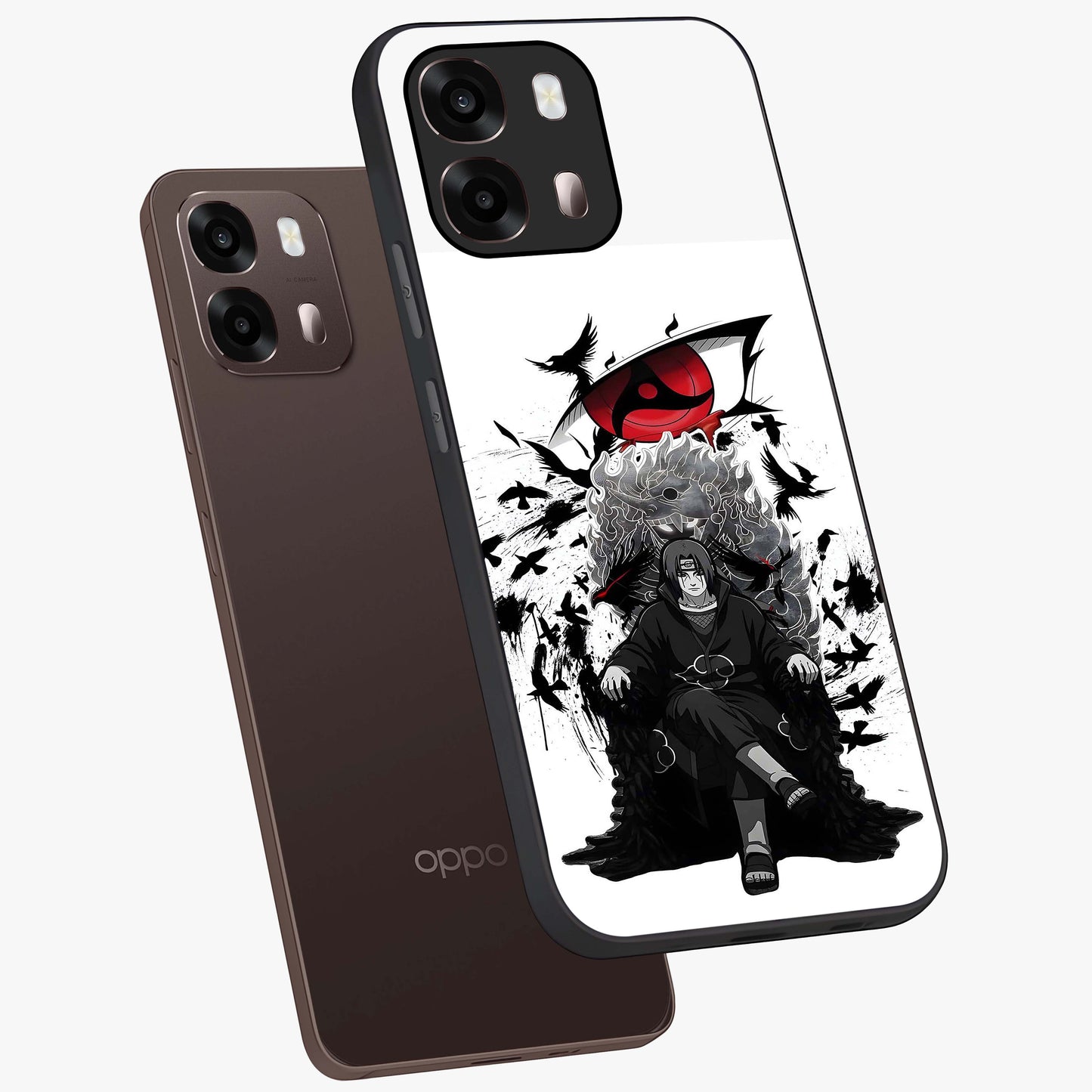 Uchiha Shadow Throne Glass Case displayed in angled mockup highlighting glowing aquatic design with celestial aesthetic.