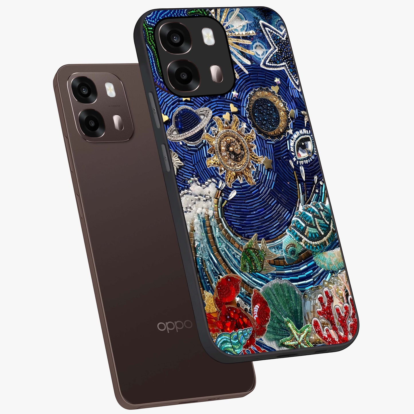 Universe Underwater Spark Glass Case displayed in angled mockup highlighting glowing aquatic design with celestial aesthetic.