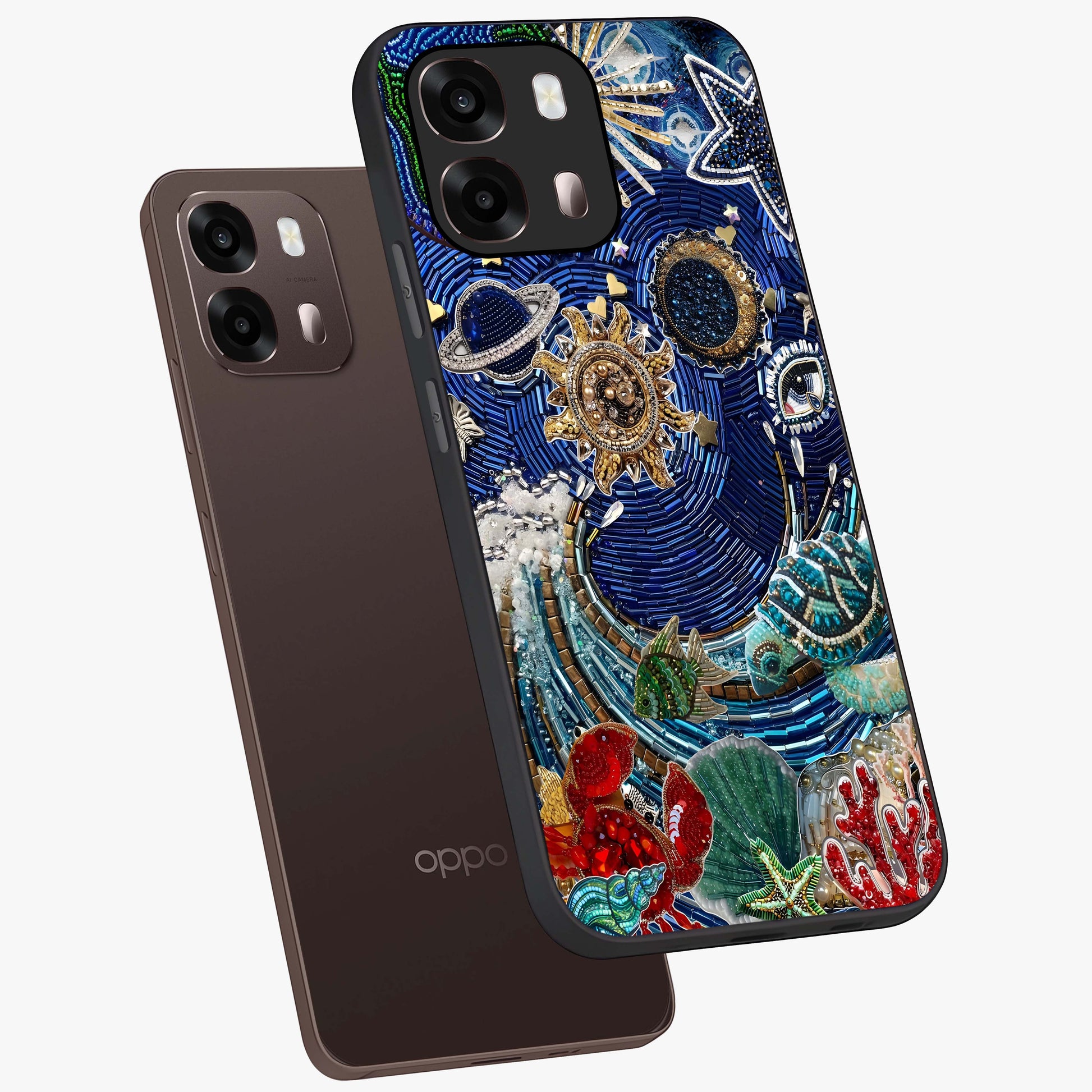 Universe Underwater Spark Glass Case displayed in angled mockup highlighting glowing aquatic design with celestial aesthetic.