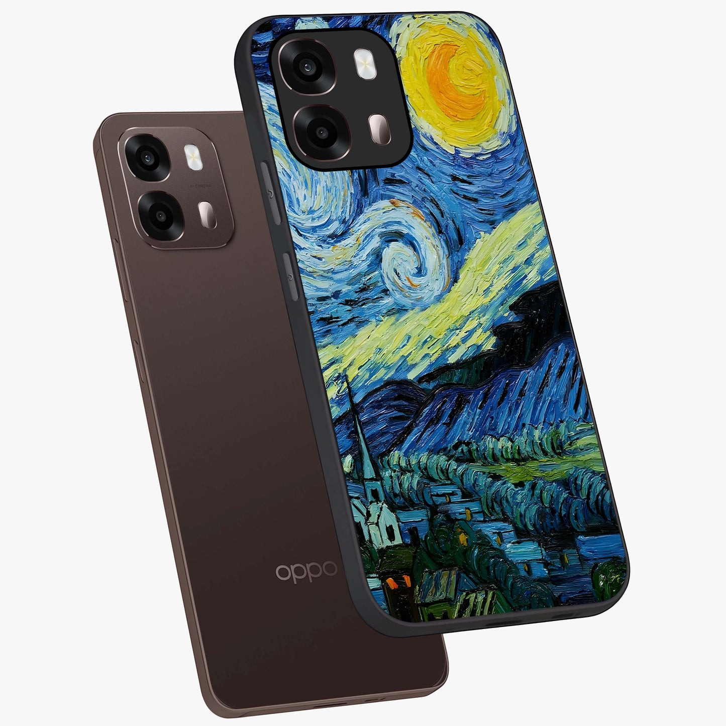 Van Gogh Art Glass Case displayed in angled mockup highlighting swirling brushstroke design with artistic aesthetic.