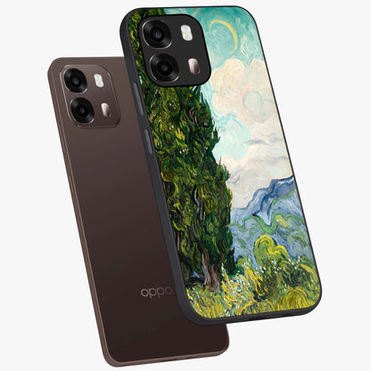 Van Gogh Vintage Art Glass Case displayed in angled mockup highlighting textured brushstroke design with classic aesthetic.