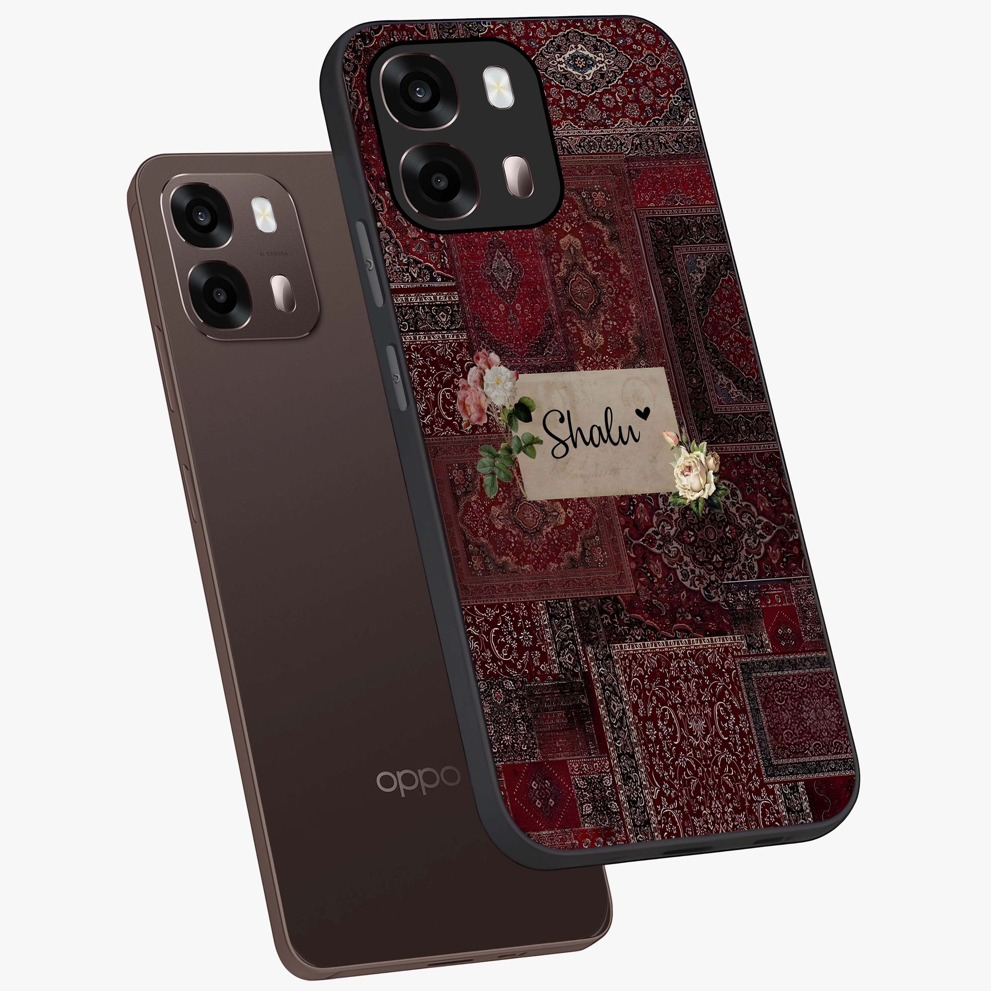 Velvet Wine Pattern Custom Name Glass Case displayed in angled mockup highlighting decorative velvet inspired design with custom name feature.