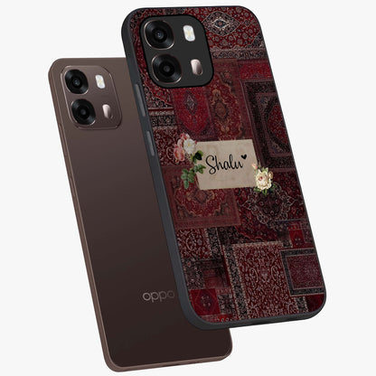 Velvet Wine Pattern Custom Name Glass Case displayed in angled mockup highlighting decorative velvet inspired design with custom name feature.