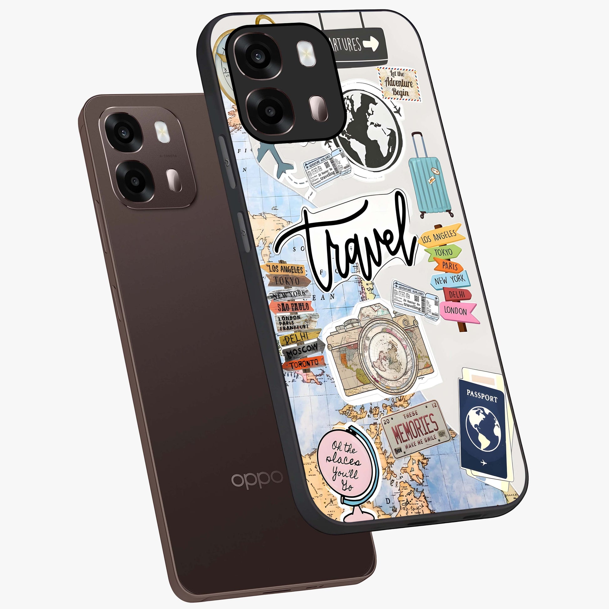 Wanderlust Journal Glass Case displayed in angled mockup highlighting adventure themed design with aesthetic travel vibe.