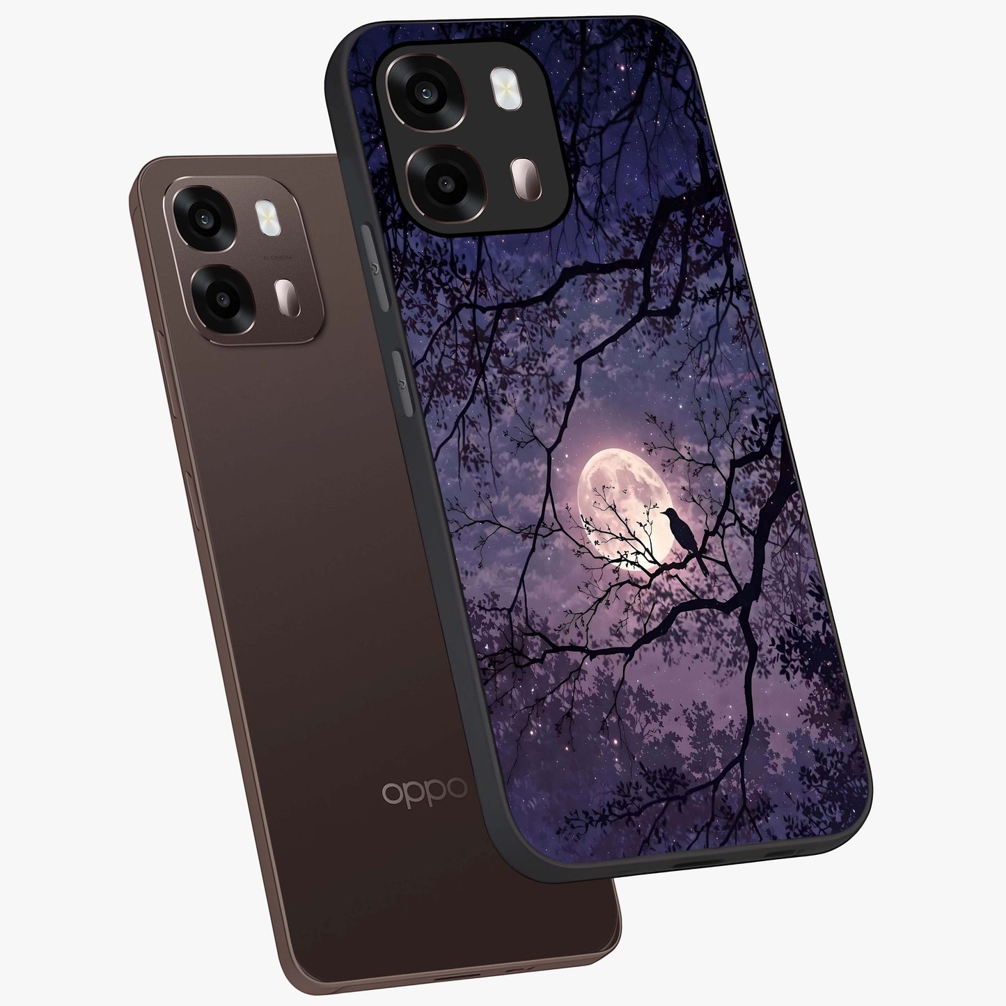 Whispering Moon Silence Glass Case displayed in angled mockup highlighting calm lunar design with dreamy night aesthetic.