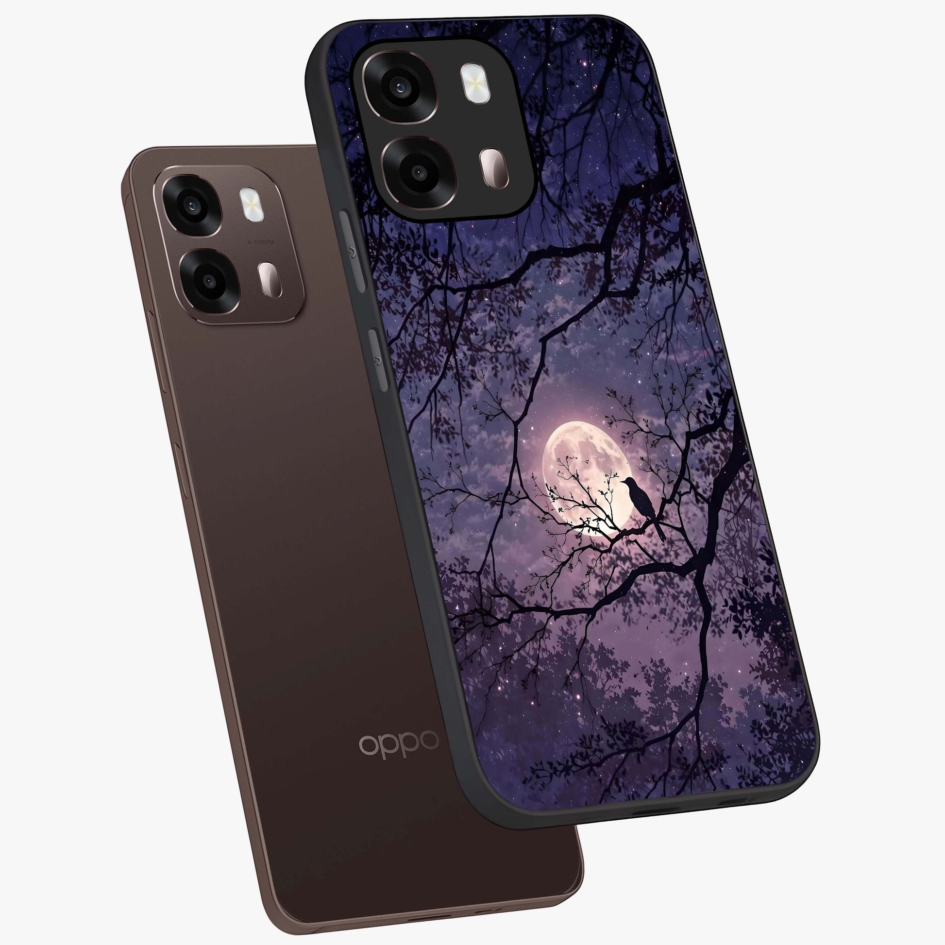 Whispering Moon Silence Glass Case displayed in angled mockup highlighting calm lunar design with dreamy night aesthetic.