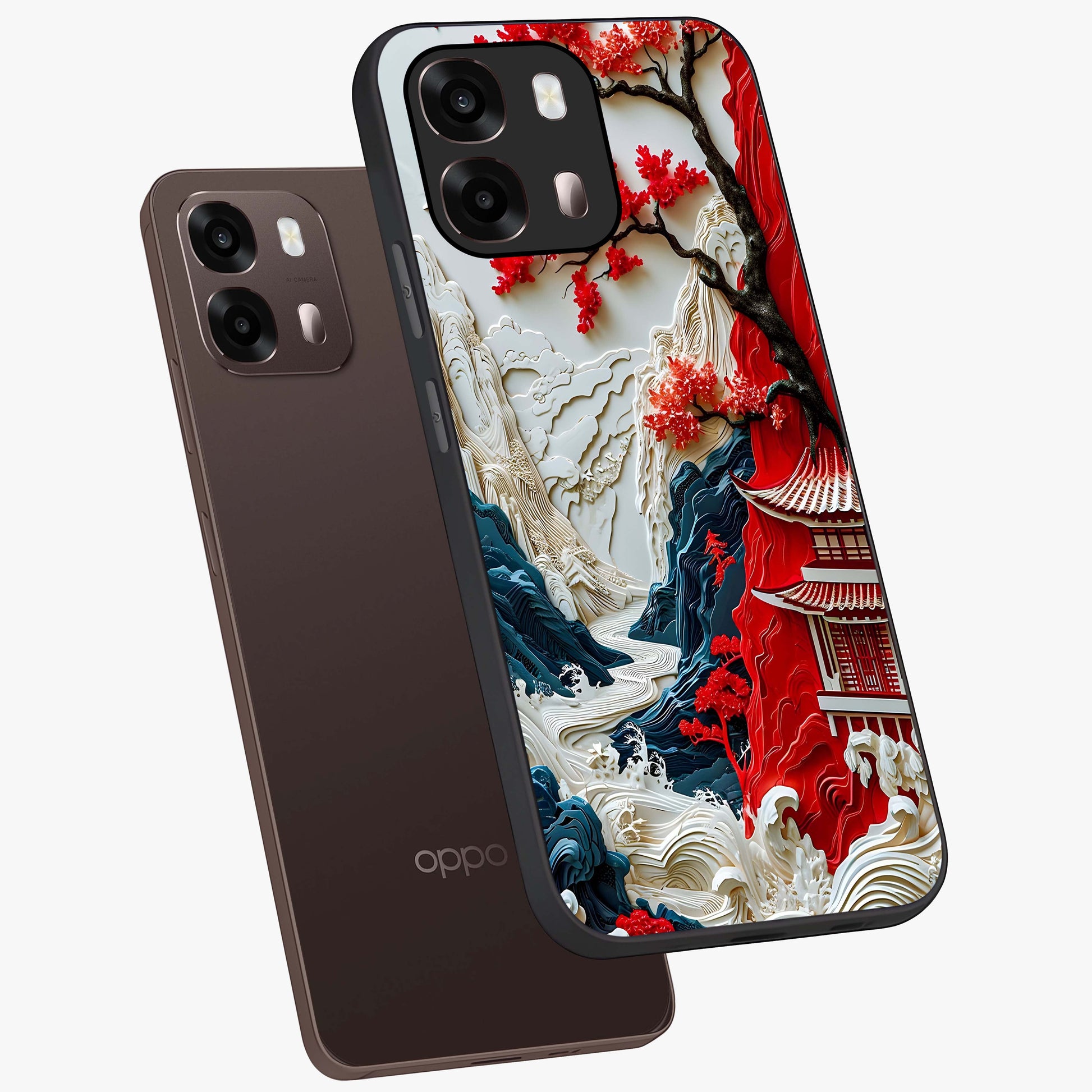 Whispers Of Sakura Waves Glass Case displayed in angled mockup highlighting flowing sakura design with soft floral aesthetic.