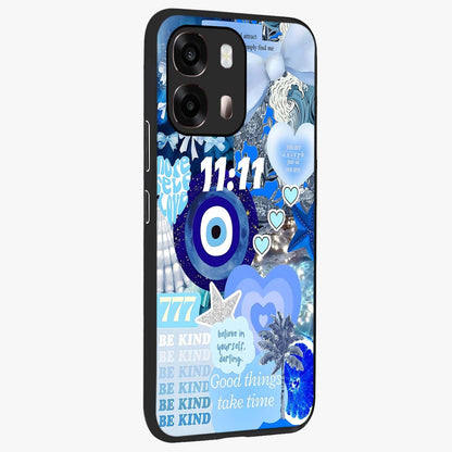 Aesthetic Be Kind Eye Glass Case upright view showcasing stylish eye illustration with positive message theme.