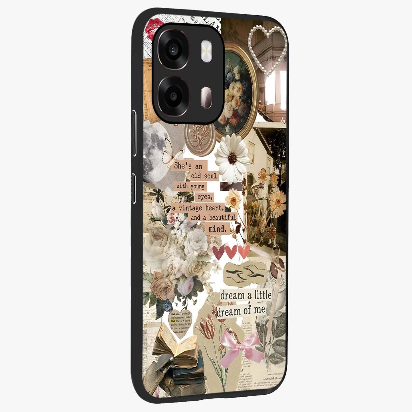 Aesthetic Brown Vintage Collage Glass Case upright view showcasing nostalgic retro artwork with stylish vintage theme.