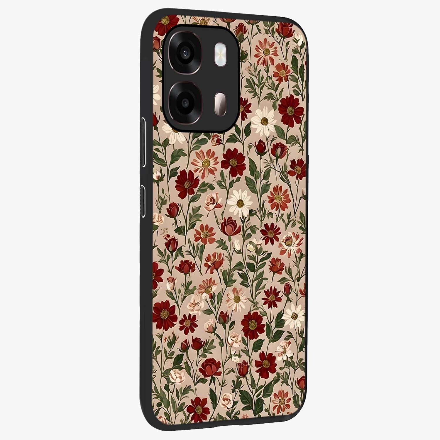 Biege Flower With Leaf Glass Case upright view showcasing delicate beige flower illustration with clean botanical style.
