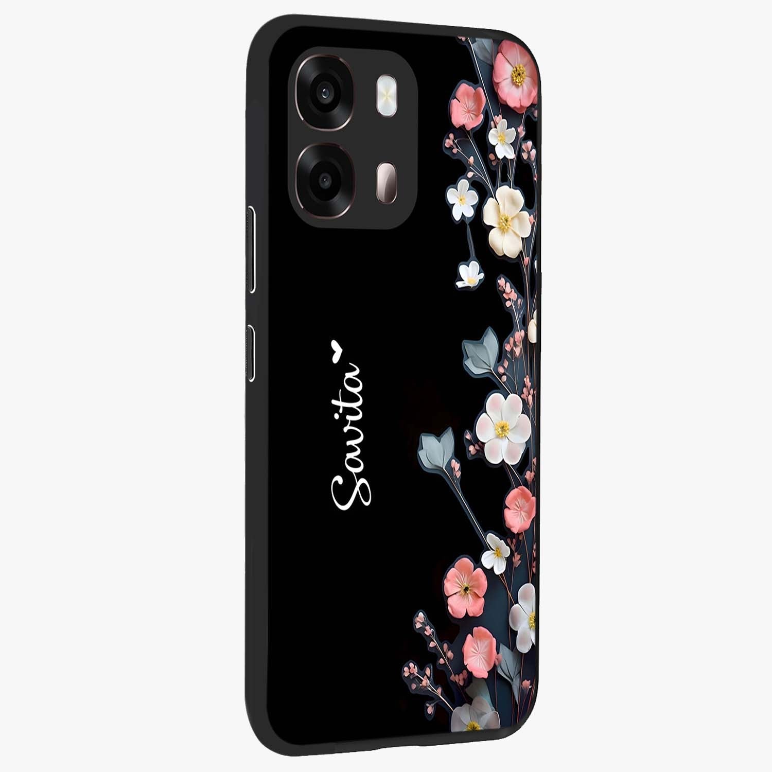 Black Elegance Floral Custom Name Glass Case upright view showcasing luxurious black floral design with personalized name detail.