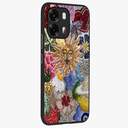 Celestial Floral and Playful Glass Case upright view showcasing whimsical floral artwork with cosmic aesthetic theme.