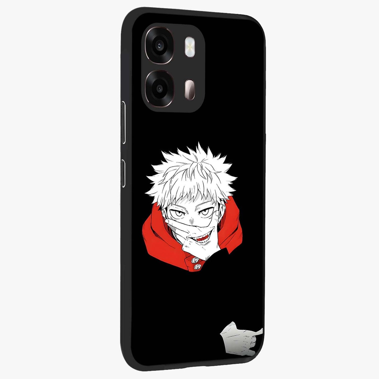Crimson Chaos Smile Glass Case upright view showcasing expressive chaotic artwork with striking visual theme.