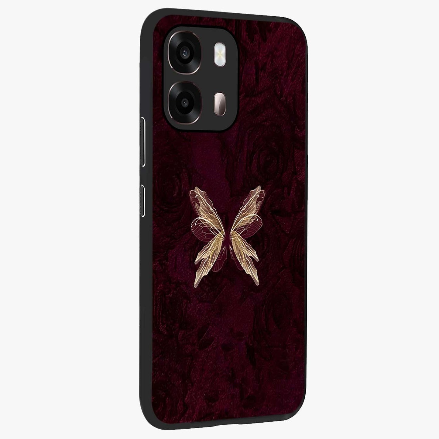 Crimson Fade Butterfly Glass Case upright view showcasing graceful butterfly artwork with soft crimson fade effect.