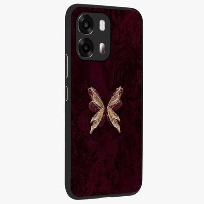 Crimson Fade Butterfly Glass Case upright view showcasing graceful butterfly artwork with soft crimson fade effect.