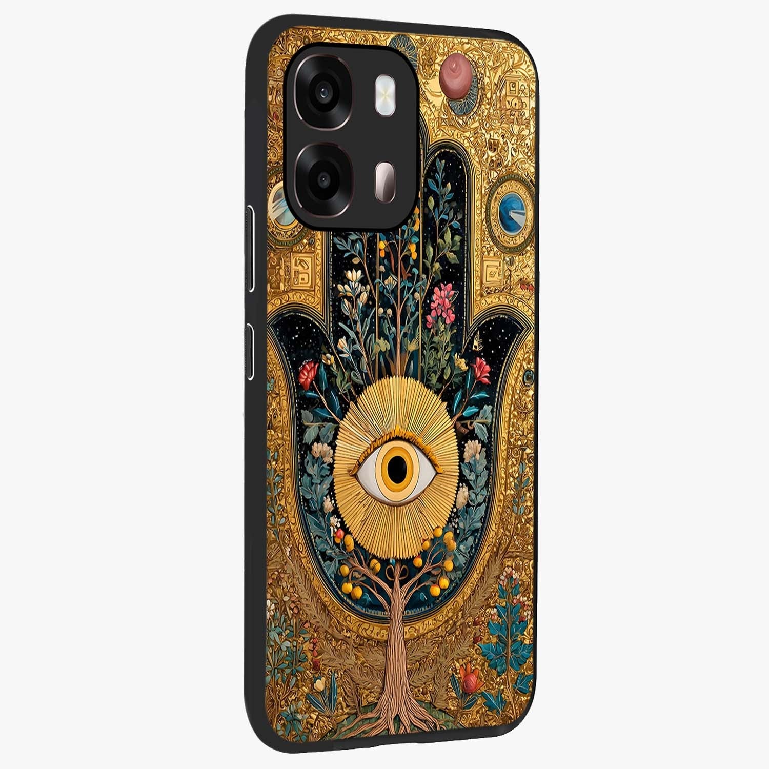 Ethereal Evil Eye Glass Case upright view showcasing celestial evil eye artwork with mystical theme.