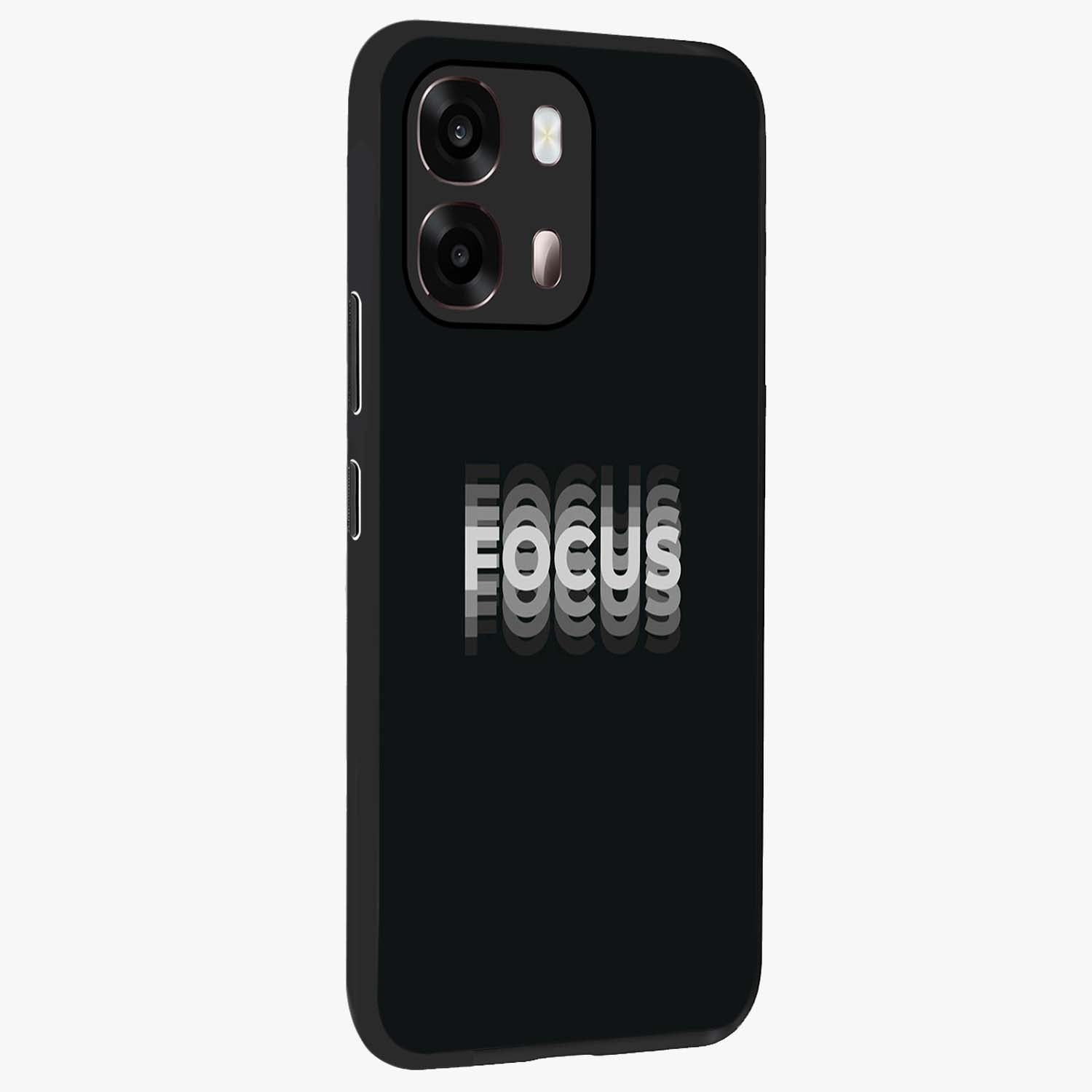 Focus Mode On Glass Case upright view showcasing strong typography statement with sleek motivational theme.