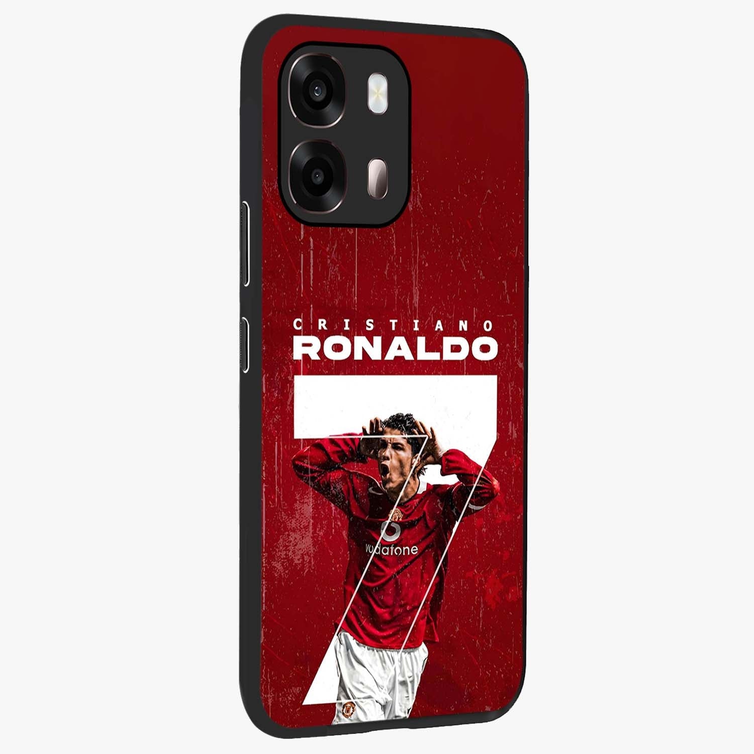 Goal Celebration Legacy Glass Case upright view showcasing dynamic football inspired artwork with victory celebration aesthetic.