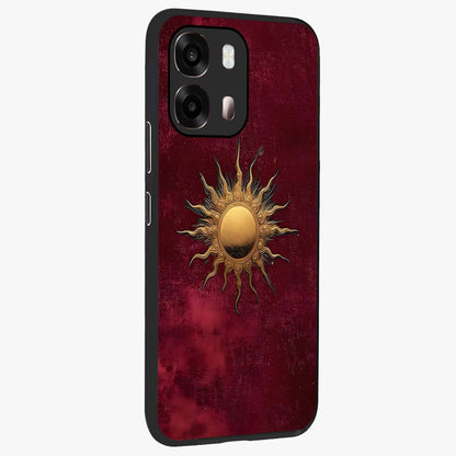 Golden Sun Minimalism Glass Case upright view showcasing simple golden sun artwork with elegant minimalist style.