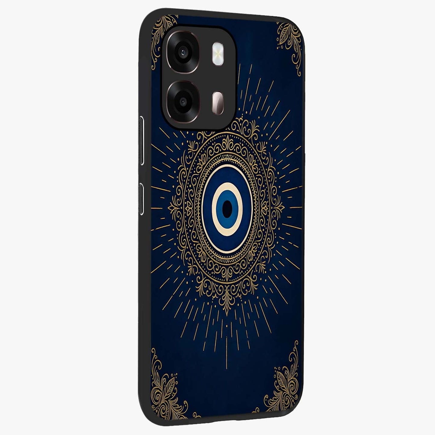 Golden Celestial Charm Glass Case upright view showcasing radiant celestial artwork with elegant golden theme.
