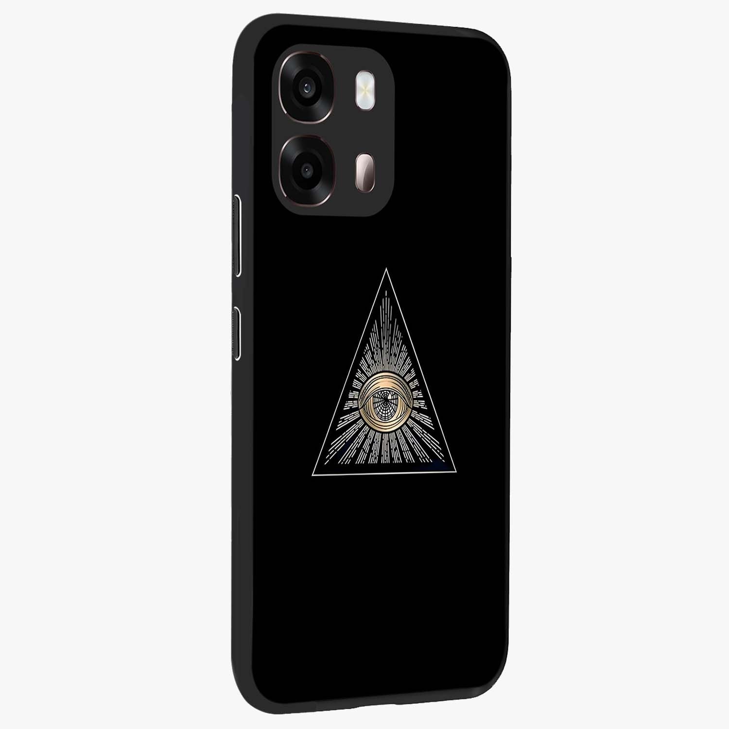 Illuminati Evil Glass Case upright view showcasing striking illuminati artwork with mysterious symbolic theme.