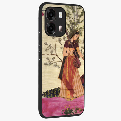 Lady With Veena Art Glass Case upright view showcasing classical veena artwork with traditional artistic theme.