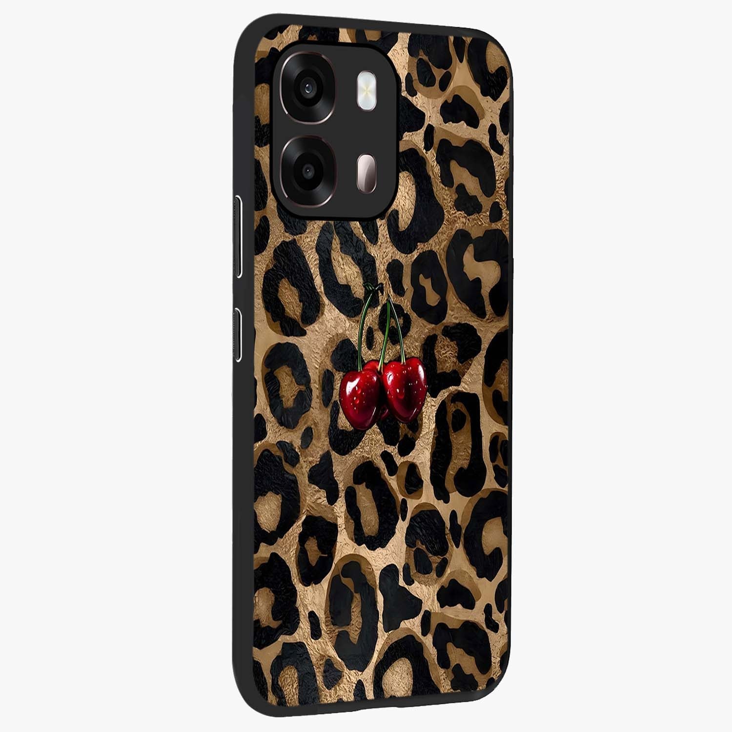 Leopard Wild Cherry Glass Case upright view showcasing stylish leopard pattern artwork with trendy fashion theme.