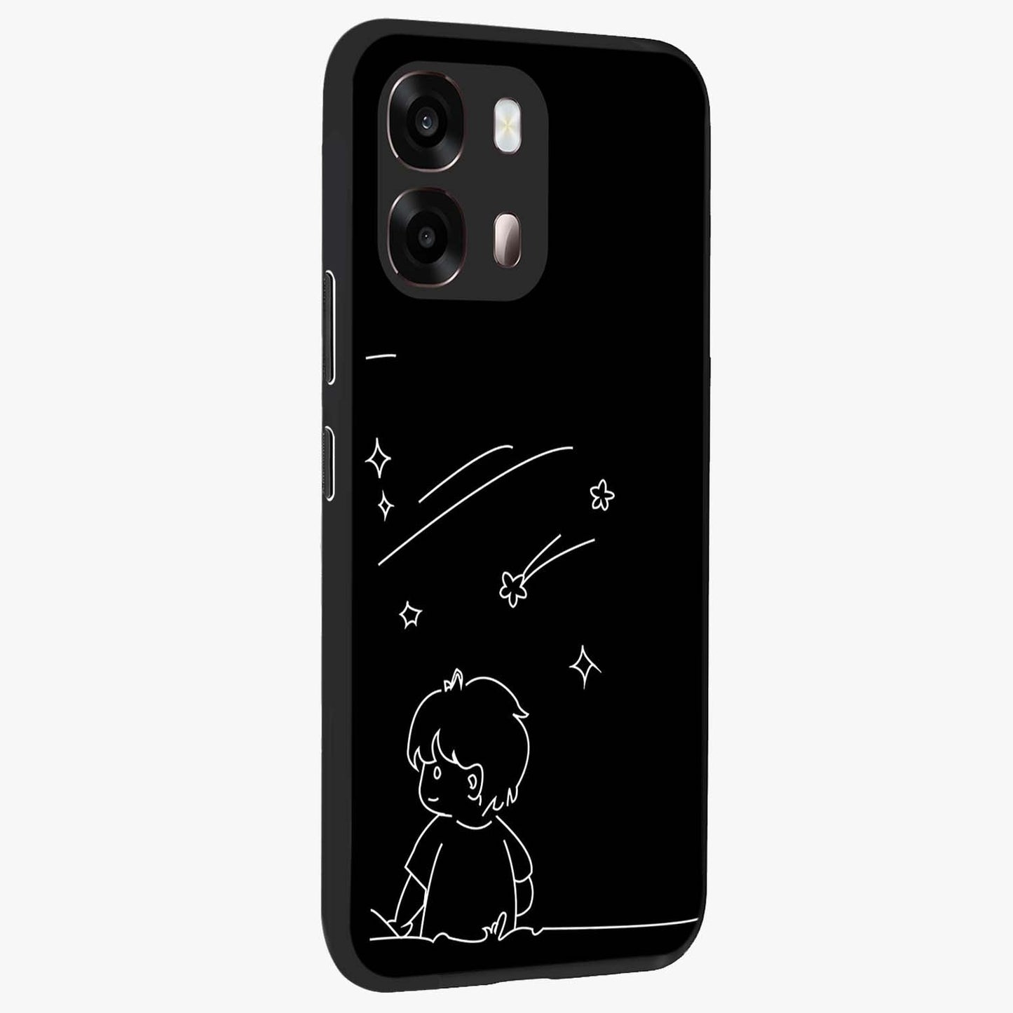 Line Art Boy With Shooting Stars Glass Case upright view showcasing artistic shooting star illustration with minimal style.