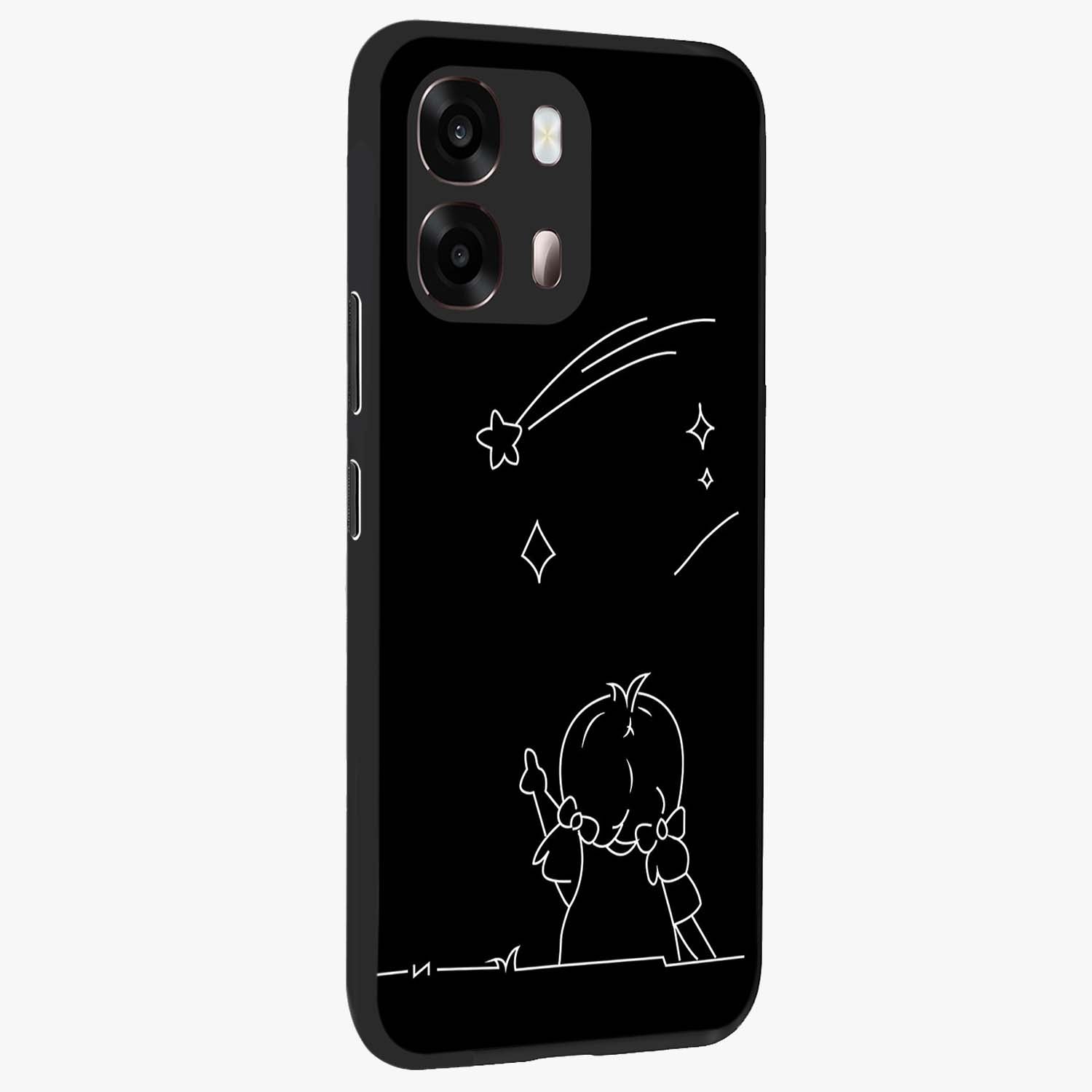 Line Art Girl With Shooting Stars Glass Case upright view showcasing delicate shooting stars artwork with minimal artistic theme.