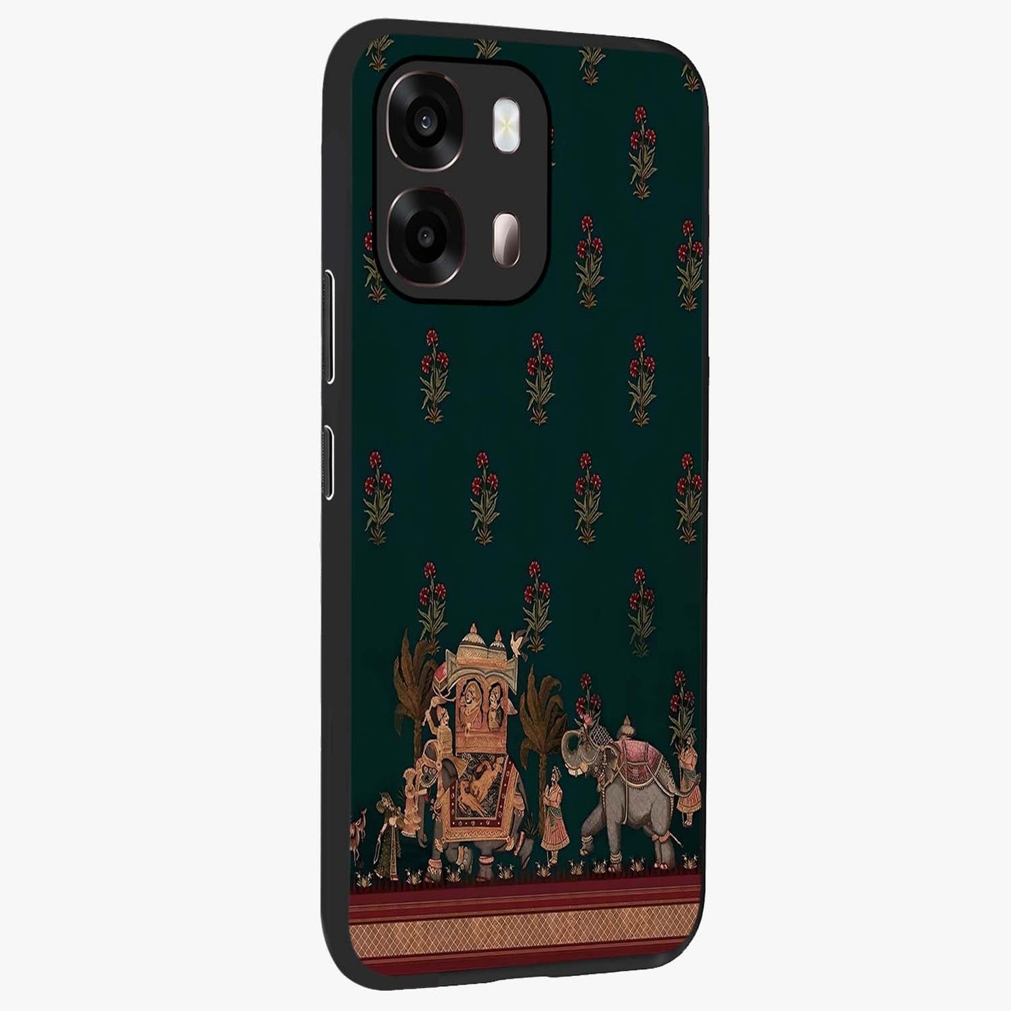 Macmerise Glass Case upright view showcasing bold artistic artwork with contemporary design theme.