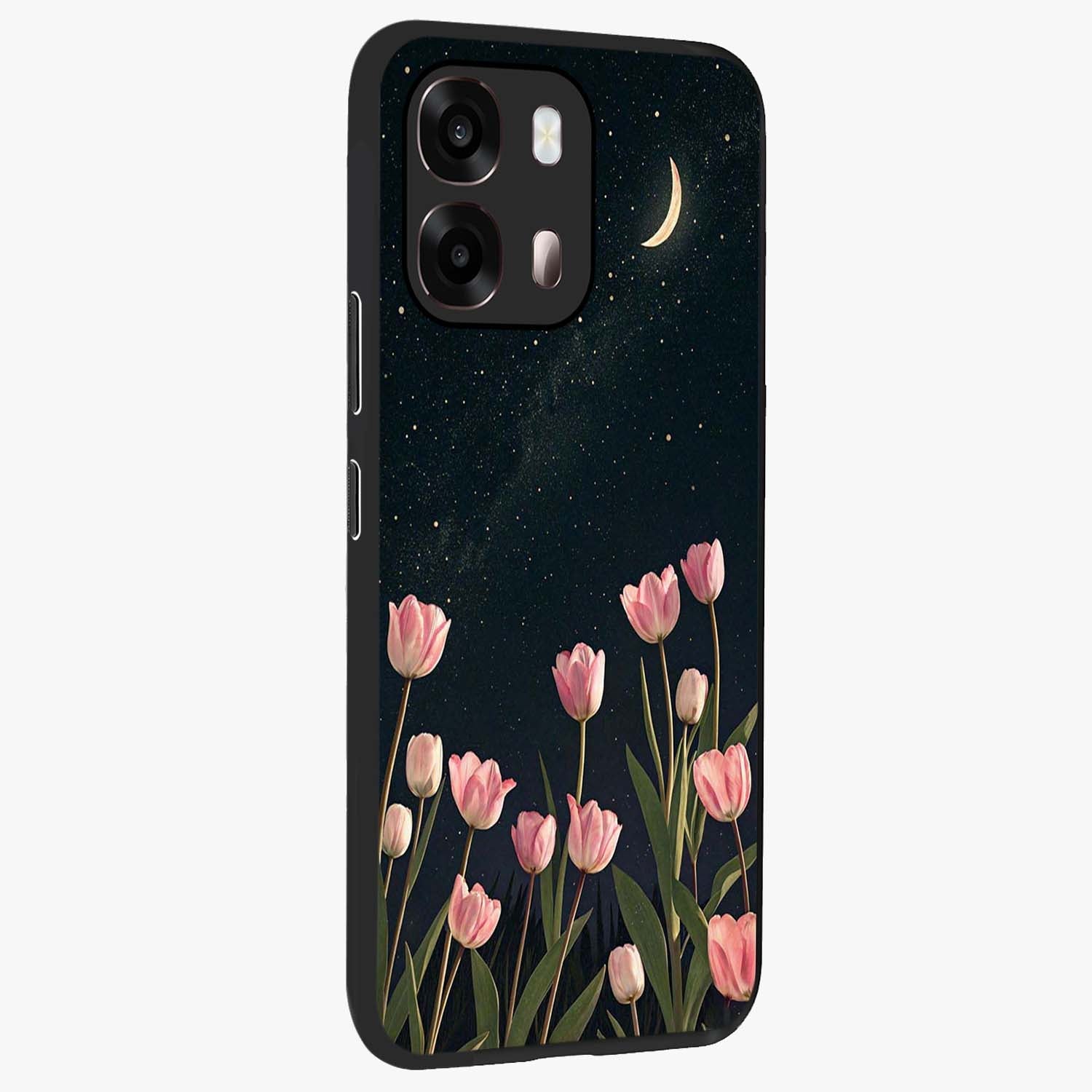 Midnight Tulip Whispers Vibe Glass Case upright view showcasing graceful tulip artwork with calm botanical theme.